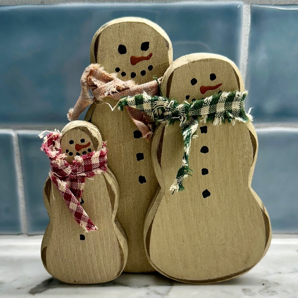 Vintage 90s Primitive Rustic Snowman Trio with Gingham Scarves‎ cottagecore farm